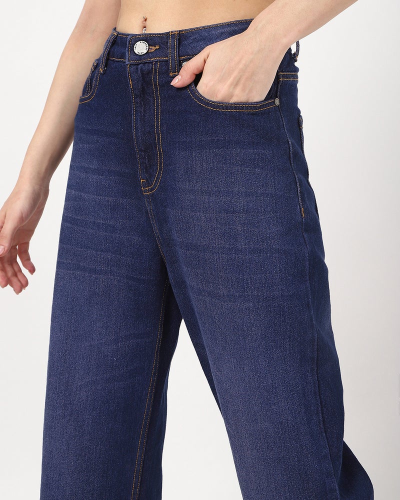bewakoof Women's Dark Blue Washed Baggy Straight Fit Jeans - Image 5